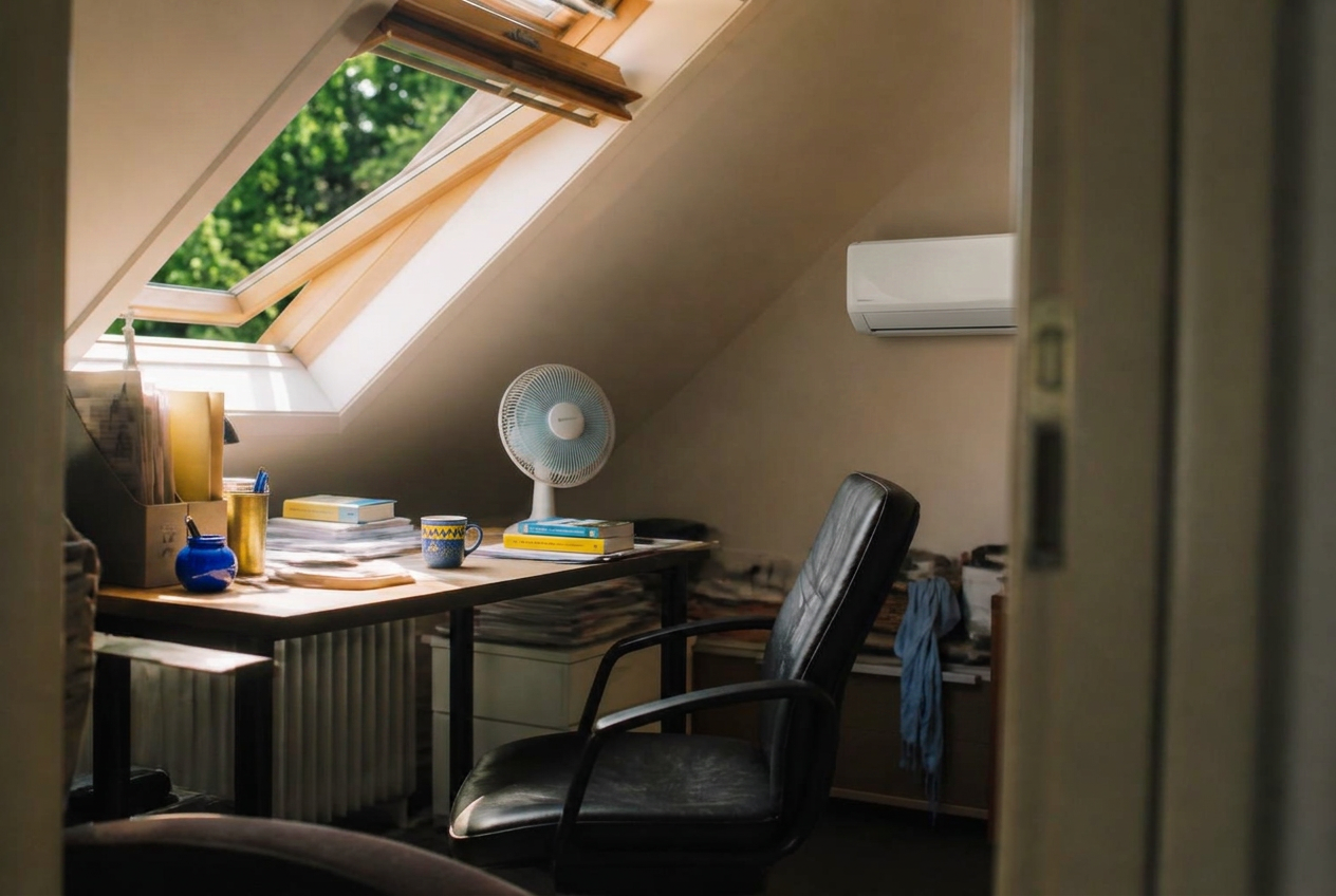 Warme zolderkamer met dakraam in de volle zon