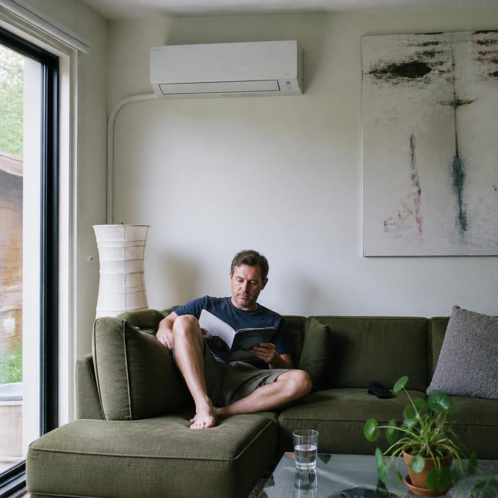 Vrouw met afstandsbediening geniet van een koele woonkamer