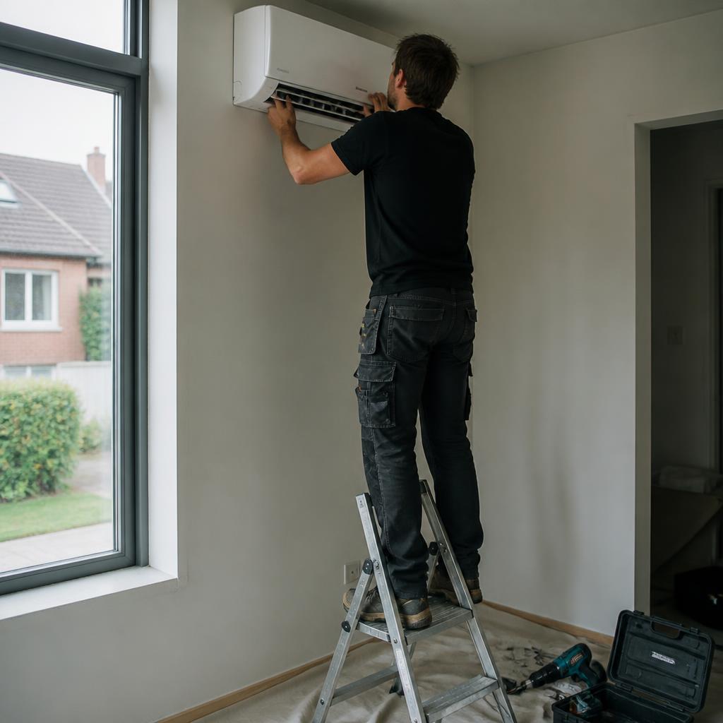 Installateur hangt de binnenunit van de airco aan de muur